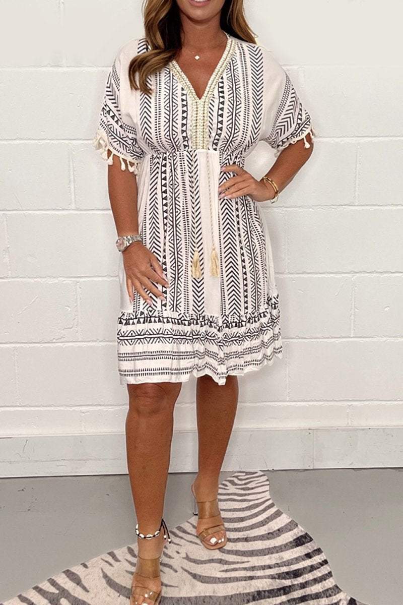 Women's boho mini dress multicolor geometric print V-neck tassel trim lace detail summer