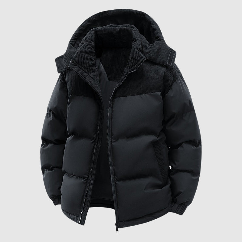Wavlynn men's black insulated puffer jacket with removable hood and zip-up winter coat design