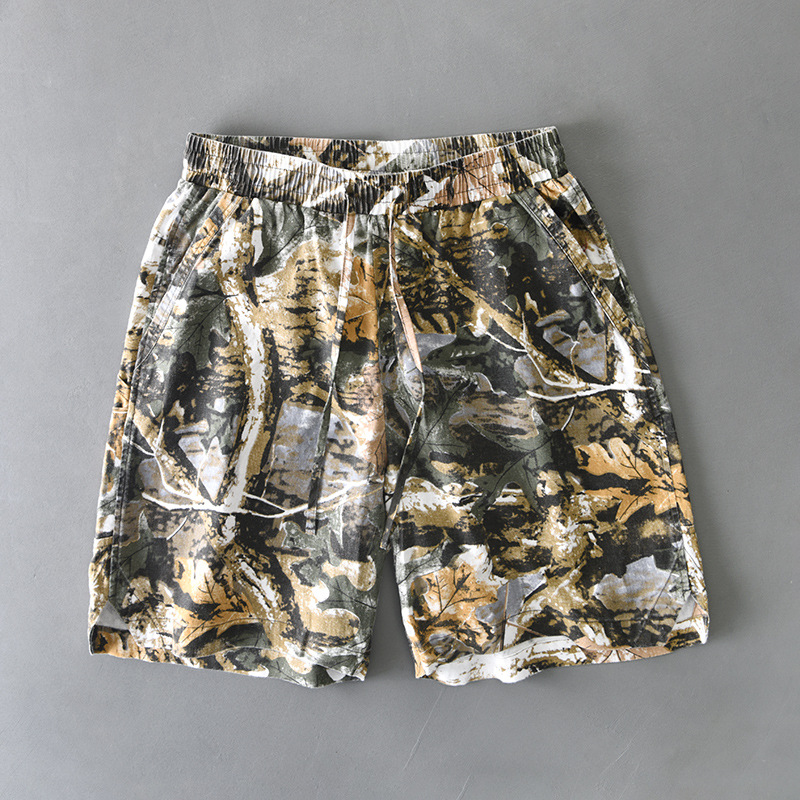 Men's green camo cargo shorts elastic drawstring waist deep pockets cotton-blend summer outdoor