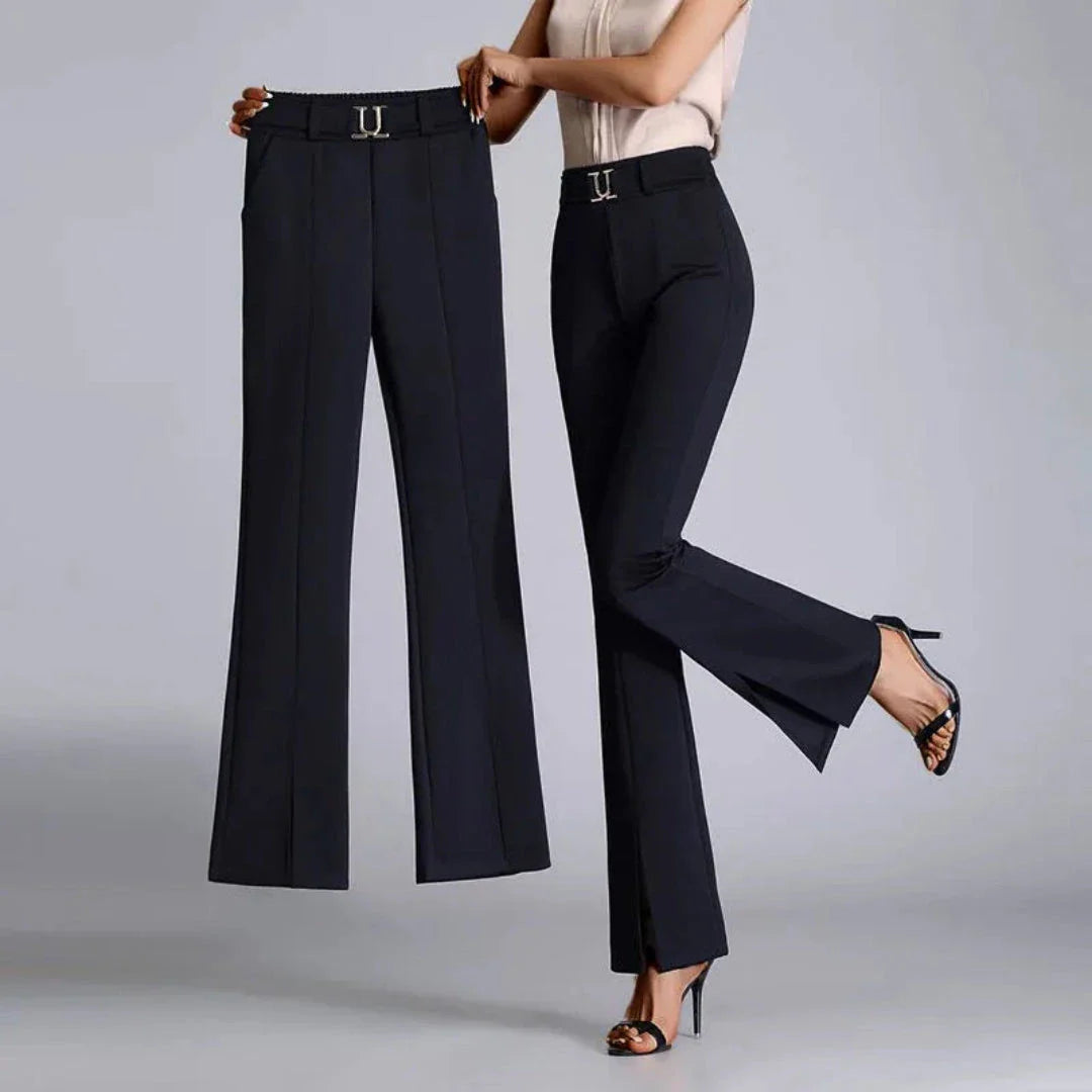 Celeste black high-waist flared trousers with removable statement belt and front slit