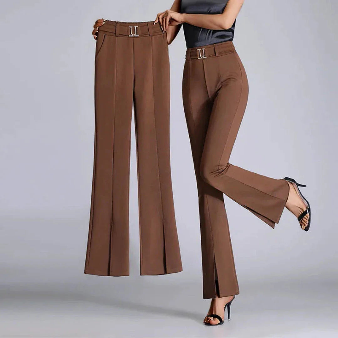 Celeste black high-waist flared trousers with removable statement belt and front slit