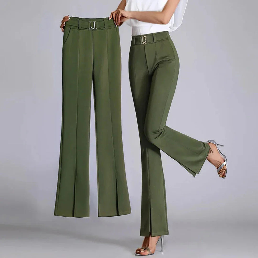 Celeste black high-waist flared trousers with removable statement belt and front slit