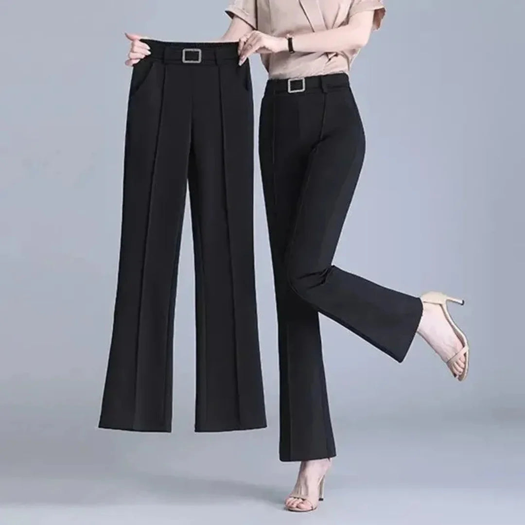 Celeste black high-waist flared trousers with removable statement belt and front slit