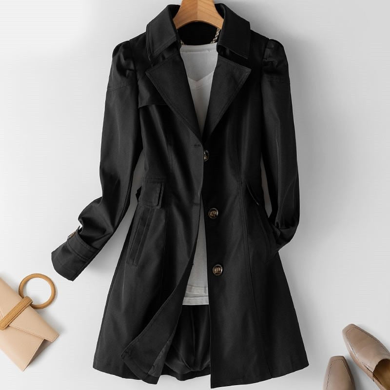 Women's beige lightweight waterproof trench coat, mid-length structured cut with classic design