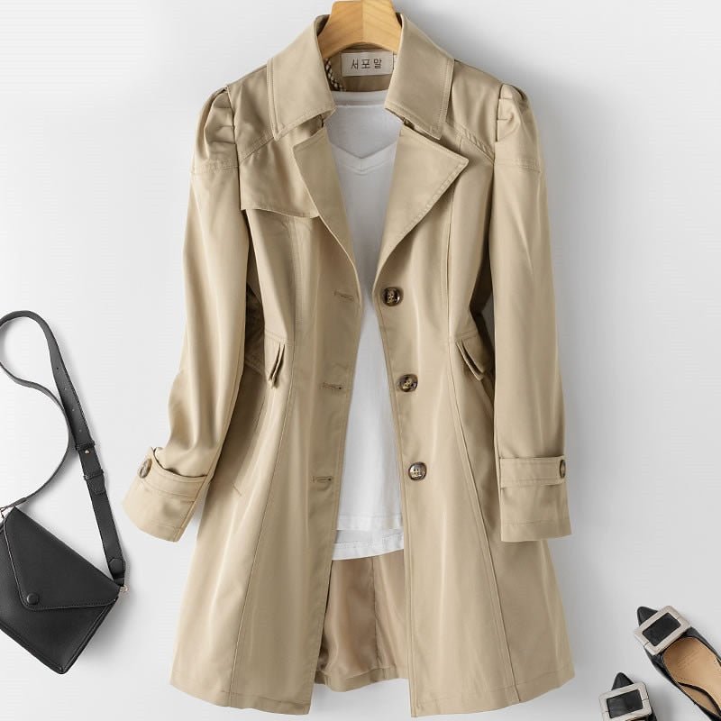 Women's beige lightweight waterproof trench coat mid-length structured cut with water-repellent finish