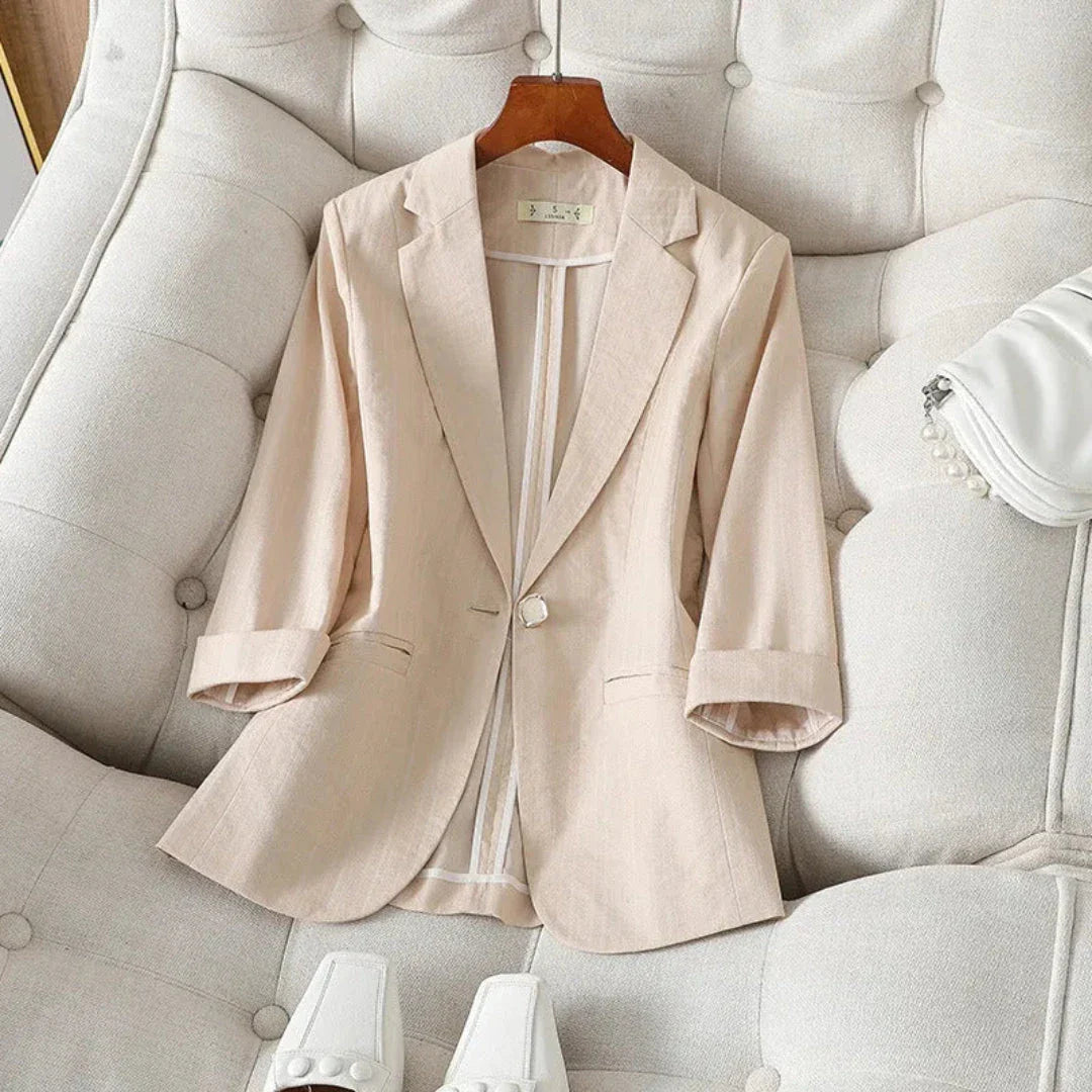 Charlie lightweight linen blazer in neutral tone, tailored slim fit with notched lapel and roll-up sleeves
