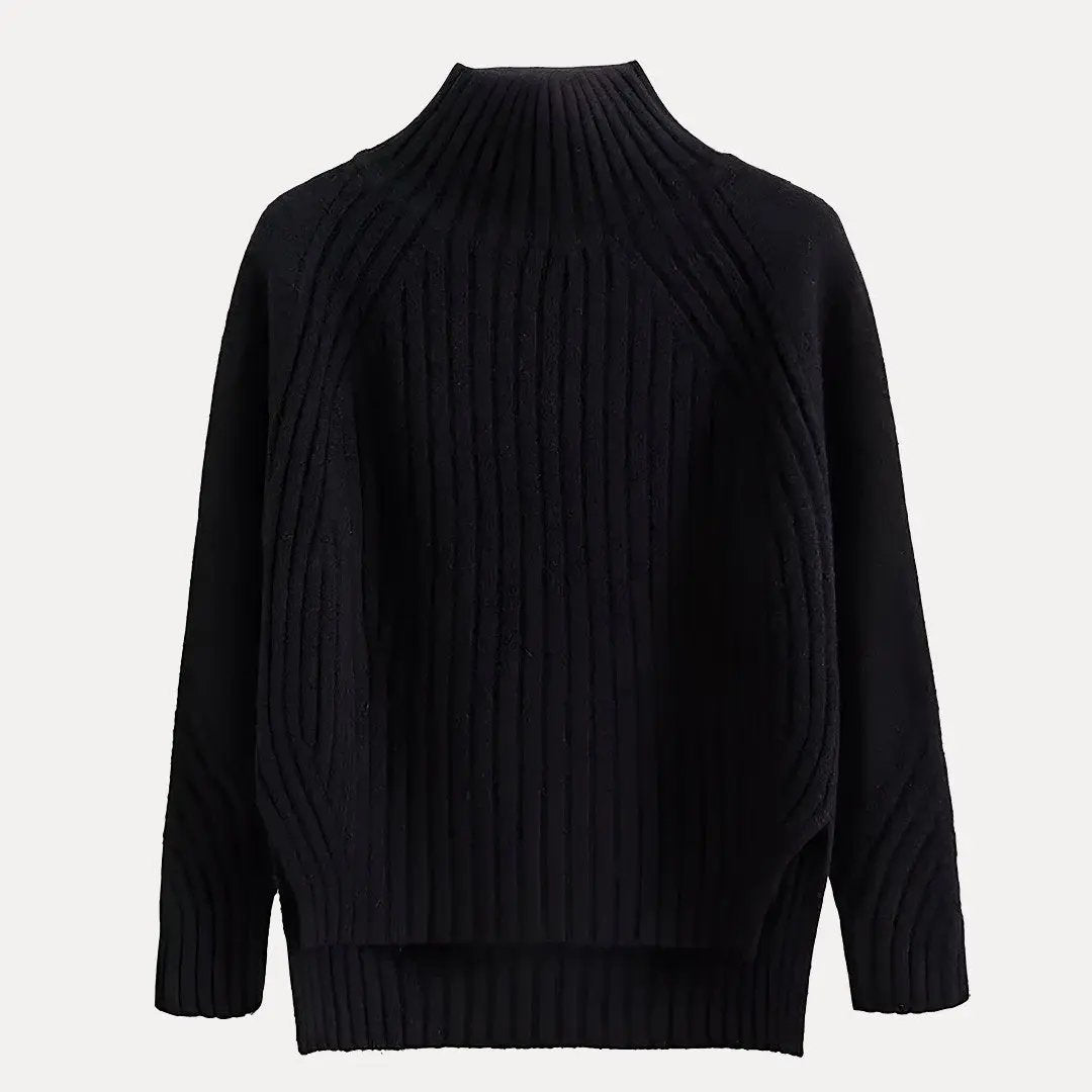 Ivory knit turtleneck sweater with side-slit hem, relaxed modern fit for everyday elegance
