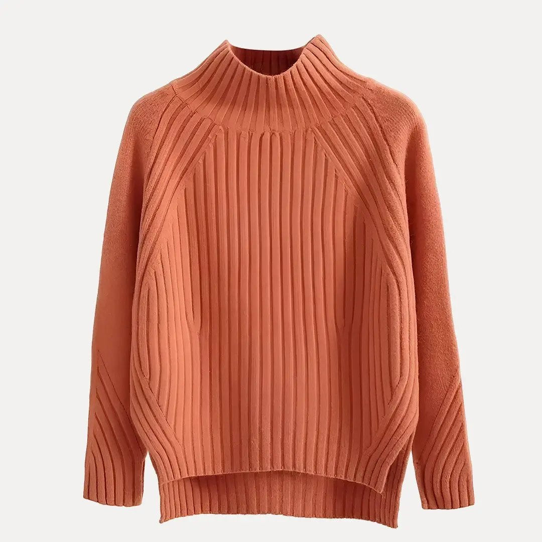 Ivory turtleneck knit sweater with side-slit hem, cozy modern silhouette for everyday elegance
