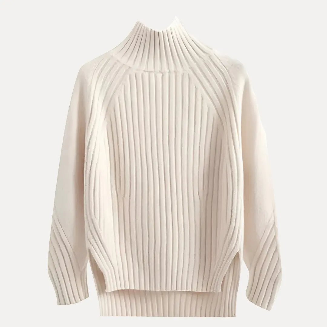 Ivory turtleneck knit sweater with side-slit hem, cozy modern fit for everyday elegance