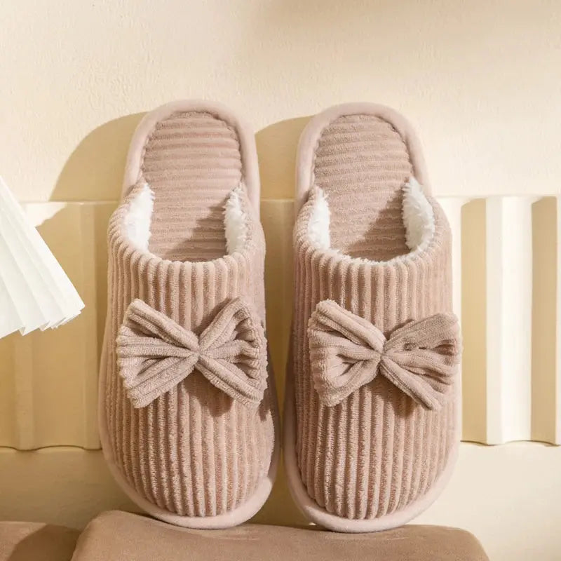 Women's pink cozy bow slippers lightweight soft lining stylish indoor comfort fall winter