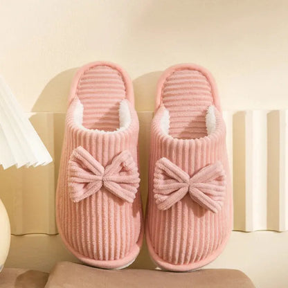 Women's cozy bow slippers soft indoor slide with decorative bow accent for fall winter comfort
