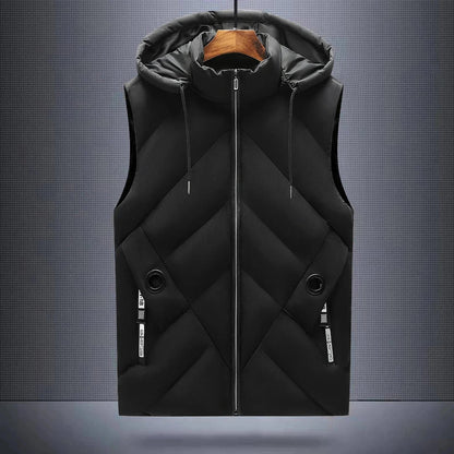 Arctic blue hooded quilted vest with diagonal stitching pattern and zippered pockets for men