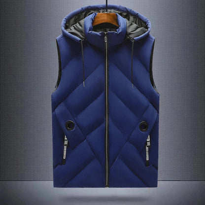 Men's arctic hooded puffer vest with bold diagonal quilting, sleek cold-weather layering piece