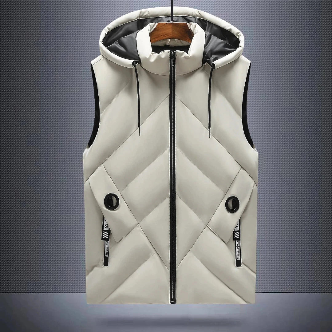 Chase Arctic men's navy quilted hooded vest with bold diagonal stitching and zippered pockets