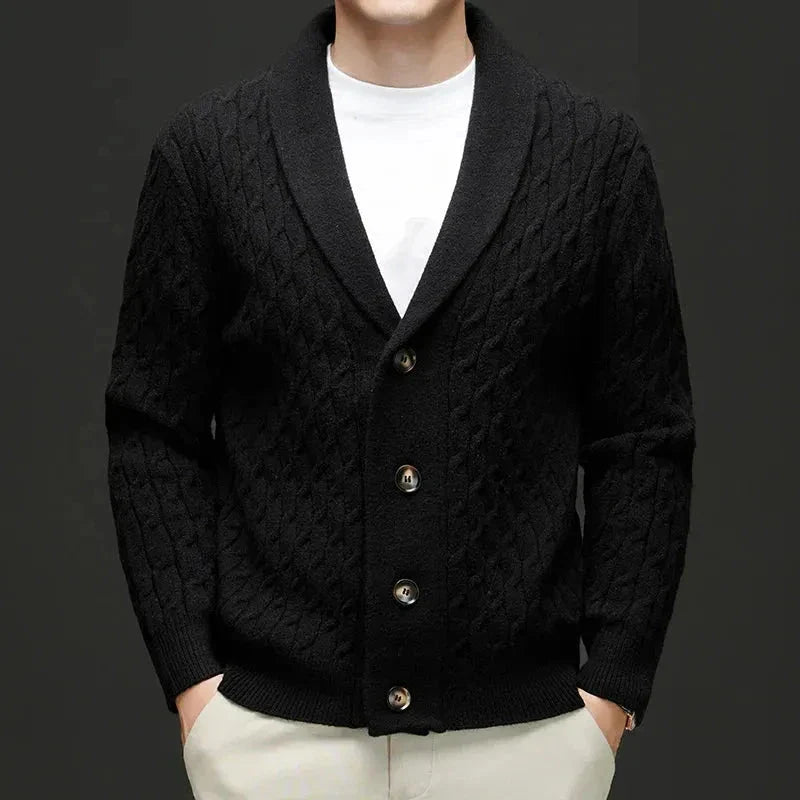 Charcoal wool blend shawl collar cardigan with button-down closure and structured silhouette