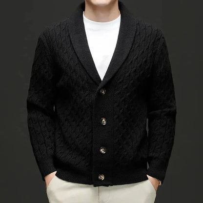 Charcoal wool blend shawl collar cardigan with button-down closure and structured silhouette