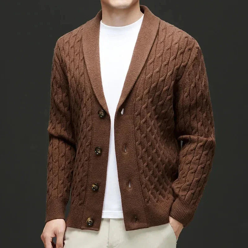 Charcoal wool blend shawl collar cardigan with button-down closure and structured silhouette