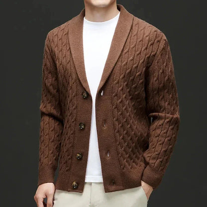 Charcoal wool blend shawl collar cardigan with button-down closure and structured silhouette
