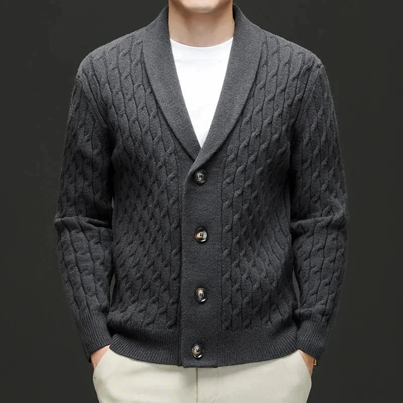 Chase shawl collar wool blend cardigan with button-down closure, structured silhouette