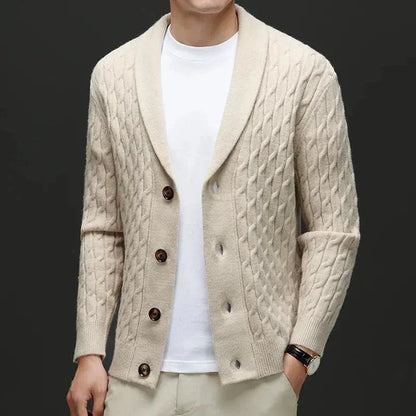 Charcoal gray shawl collar wool cardigan with button-down closure and structured silhouette