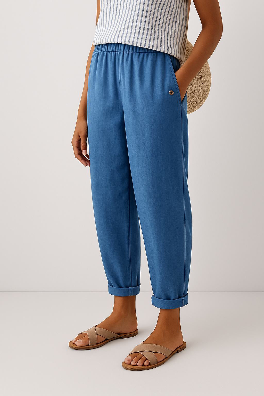 Straight-leg women's pants with side pockets in a breathable lightweight fabric for casual chic style