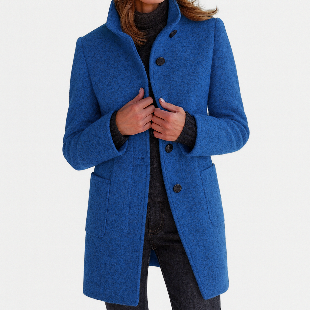 Camel structured women's coat with tailored silhouette and classic timeless design