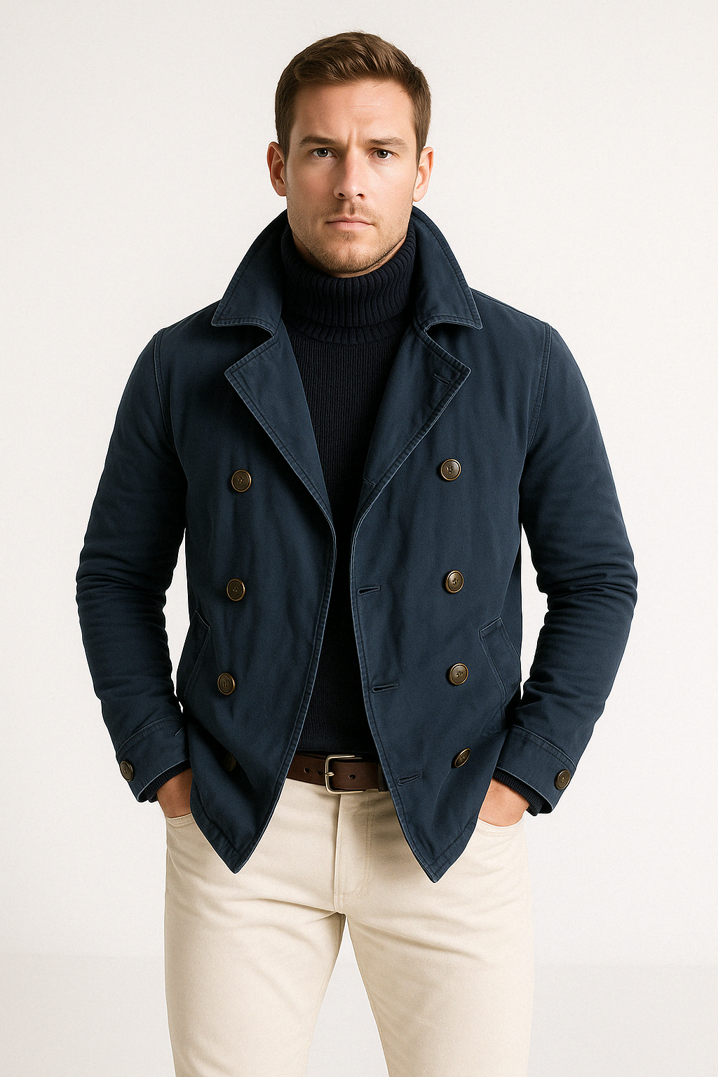 Men's heavy cotton double breasted high collar mid-length slim fit jacket Nordic style