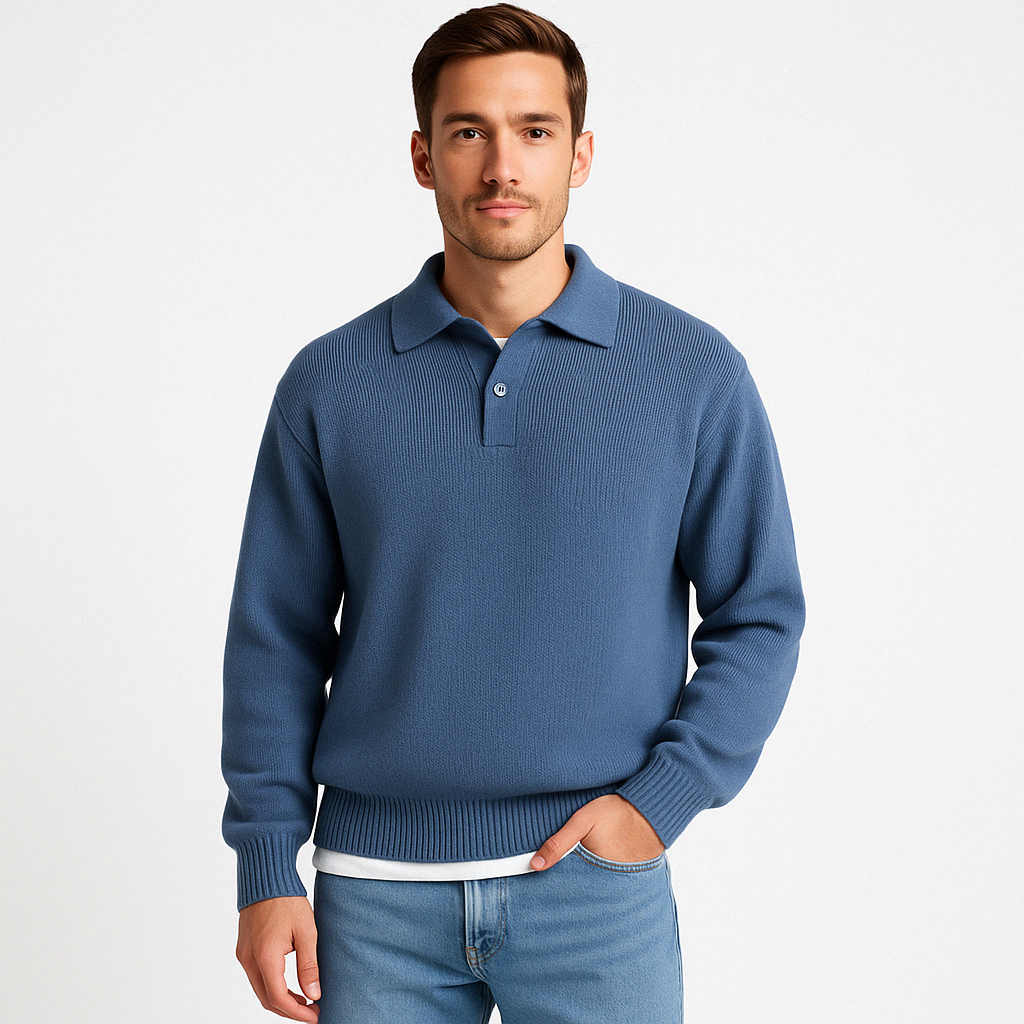 Men's wool polo sweater relaxed fit beige ribbed edges button closure knitwear casual smart style