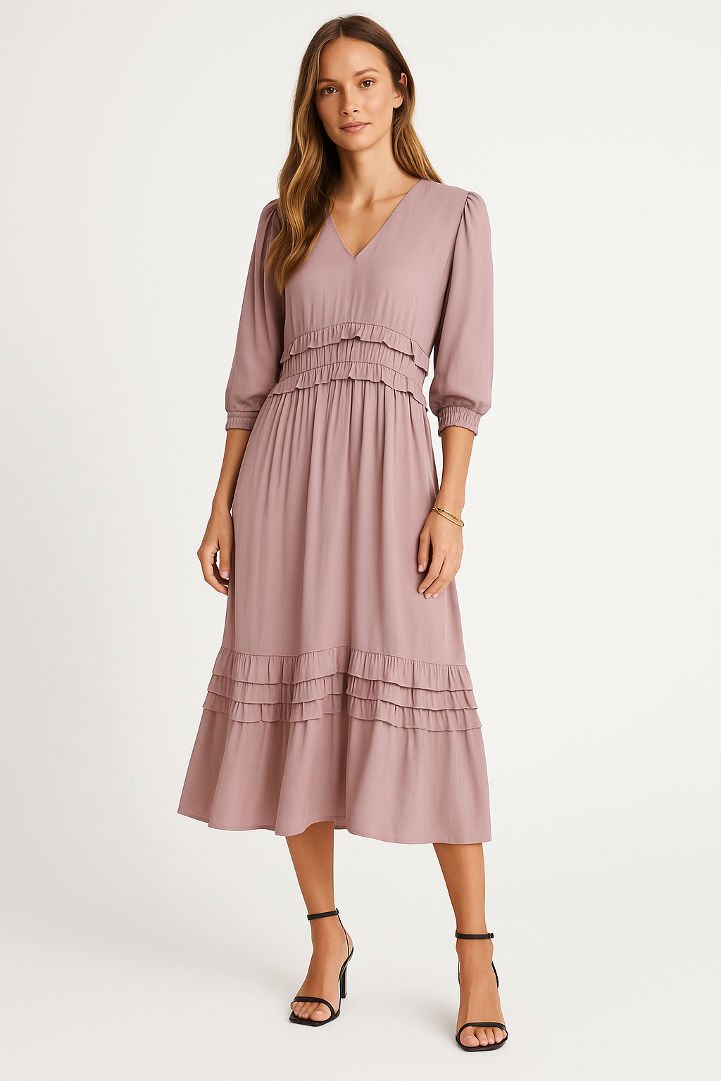 Women's relaxed-fit midi dress in cotton blend with V-neck, layered ruffles, and long sleeves