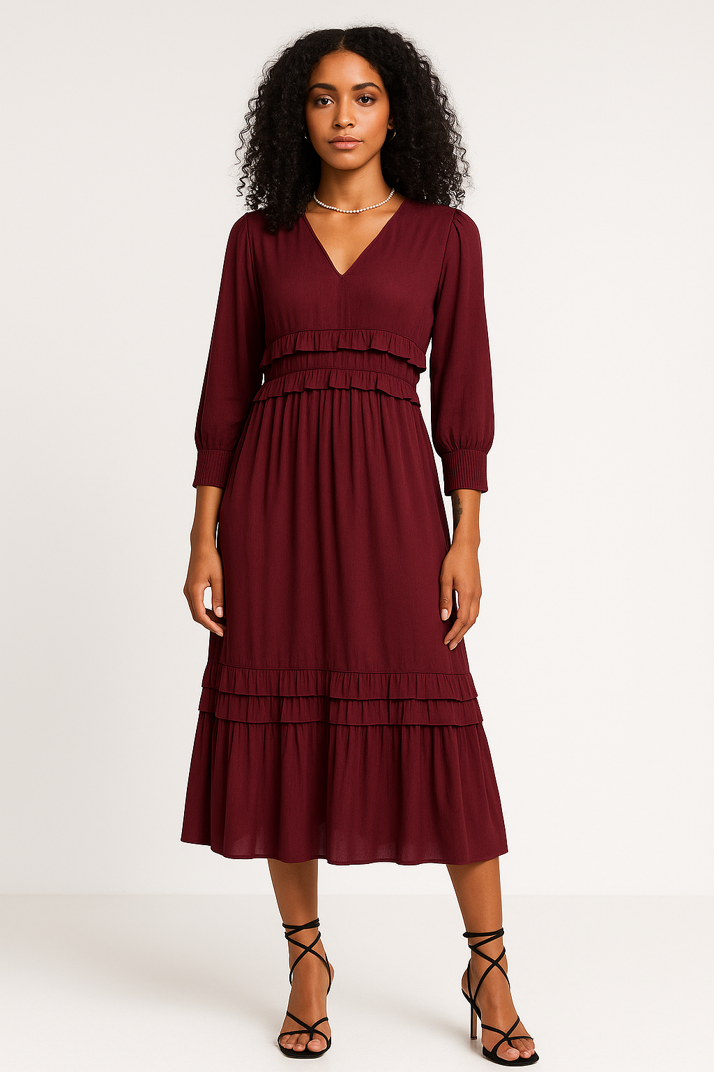 Women's relaxed-fit midi dress in cotton blend with V-neck, layered ruffles, and long sleeves