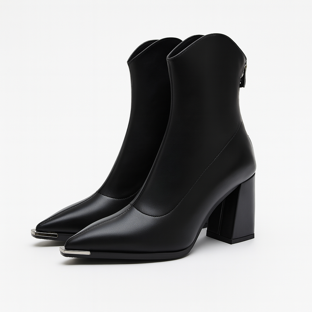 Black faux leather Chelsea ankle boot with chrome toe tip, sleek silhouette for women
