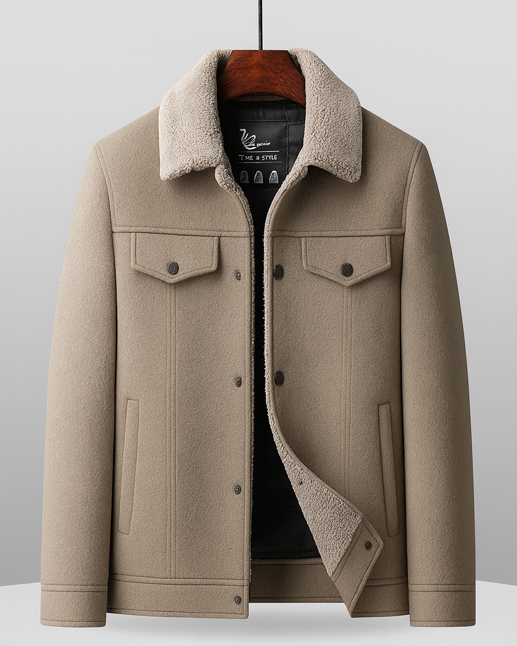 Rhode sherpa wool blend jacket with down-filled liner, soft exterior and textured contrast panels
