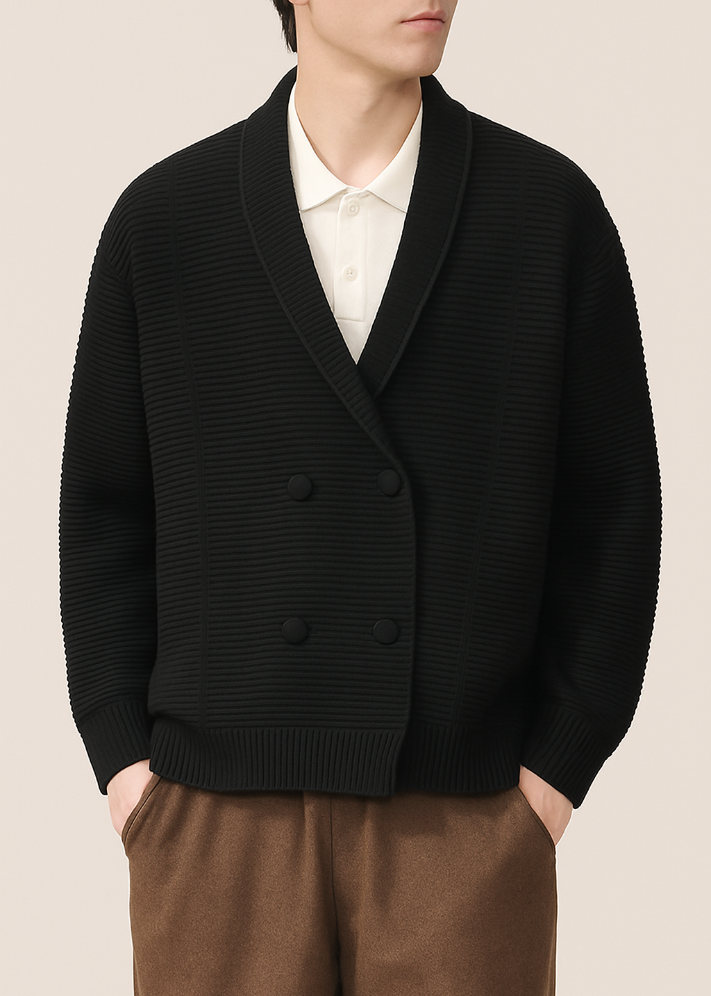 Rowan ribbed knit double-breasted cardigan in relaxed fit with tailored coat-inspired silhouette