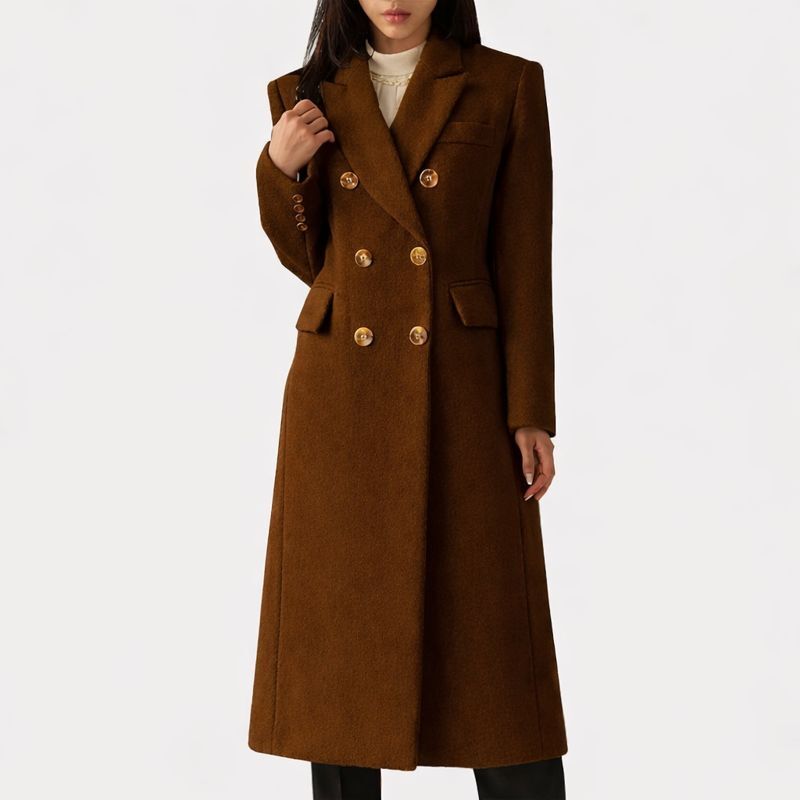 Women's camel overcoat with clean structured silhouette and premium fabric-blend for cozy warmth