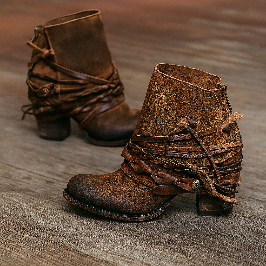 Women's brown boho western ankle boots with braided strap wrap detail and cozy winter insulation