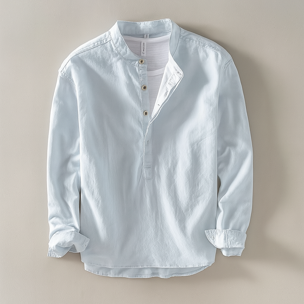 Beige textured relaxed-fit collarless shirt with mandarin collar and half placket detail