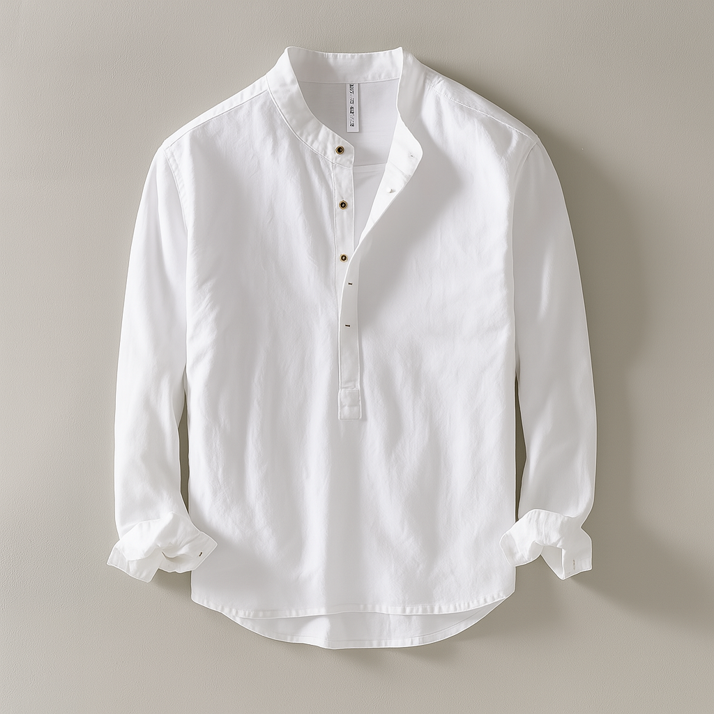 Relaxed-fit textured collarless shirt with mandarin collar in lightweight fabric for warm weather