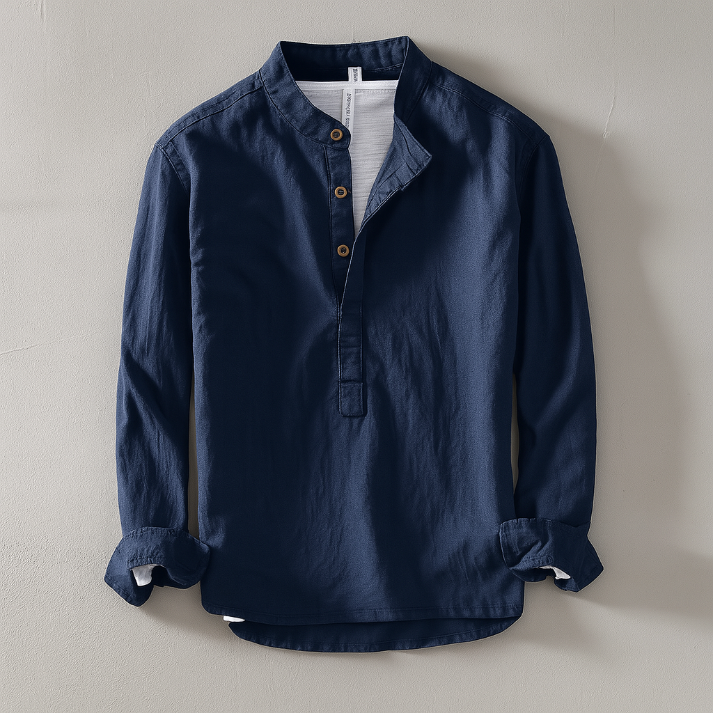 Textured lightweight collarless shirt relaxed fit mandarin collar Japanese minimalist style warm weather
