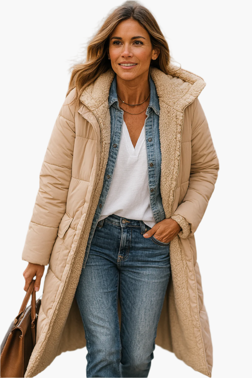 Women's quilted puffer coat fleece-lined long relaxed fit winter warmth elegant texture