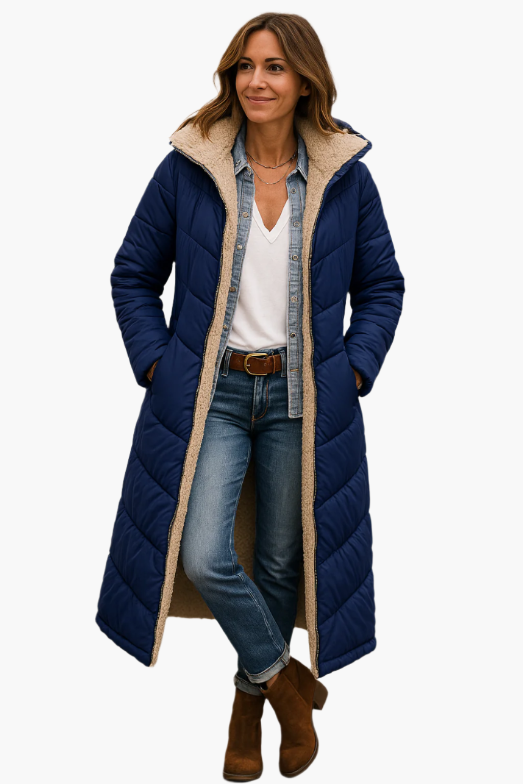 Women's quilted puffer coat long relaxed fit fleece-lined warm winter outerwear