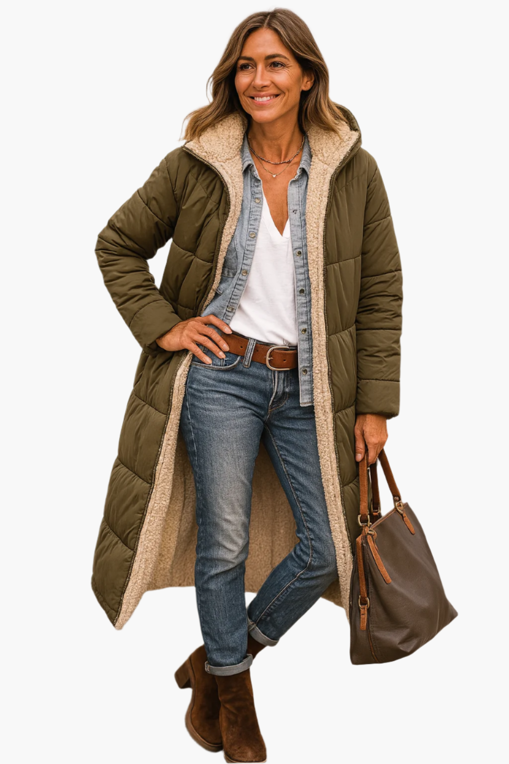 Paige women's long quilted winter coat with hood, sherpa lining, classic warm silhouette