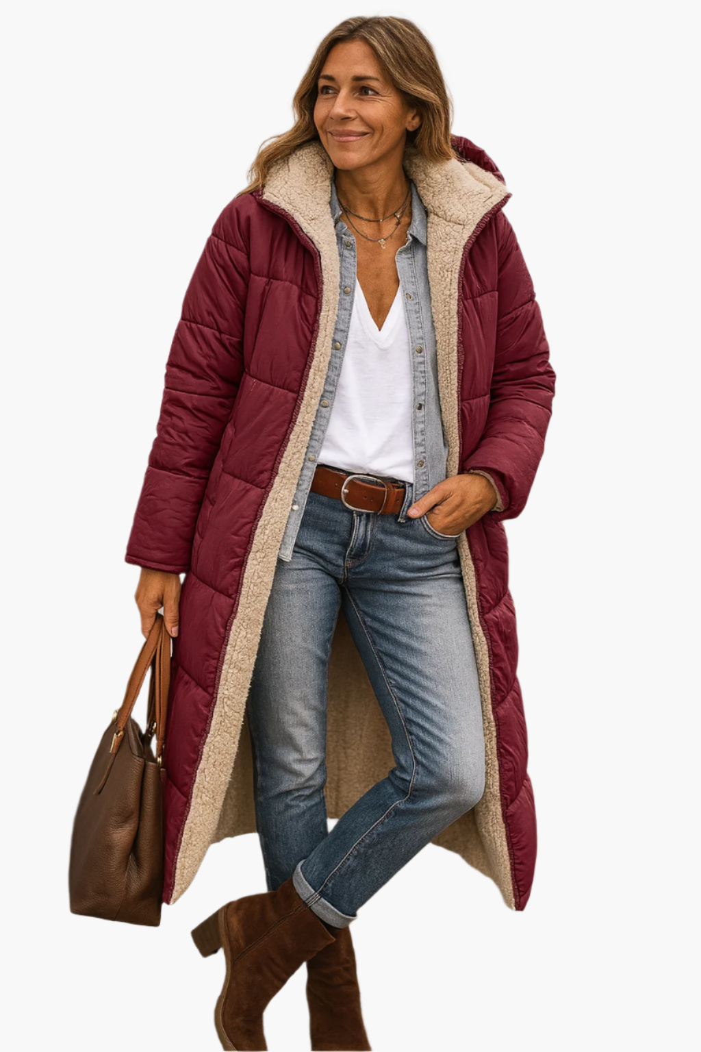 Paige women's long quilted winter coat with hood and ultra-cozy sherpa lining, classic fit