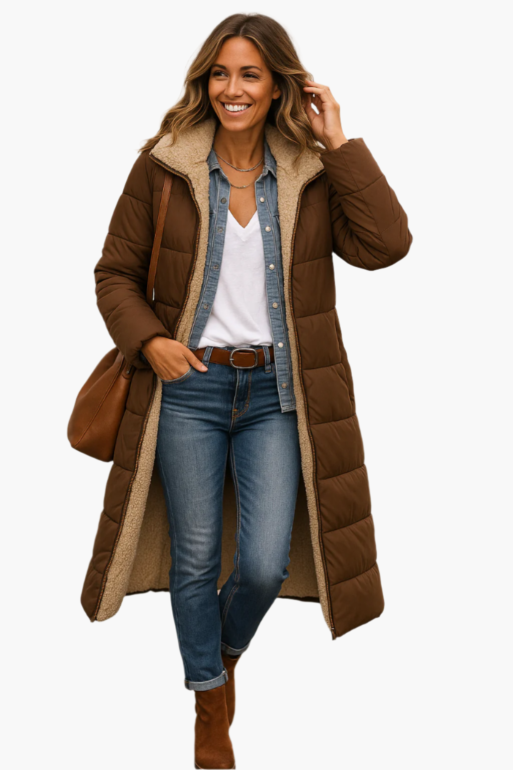 Paige women's long quilted winter coat with hood and ultra-cozy sherpa lining, classic warm silhouette