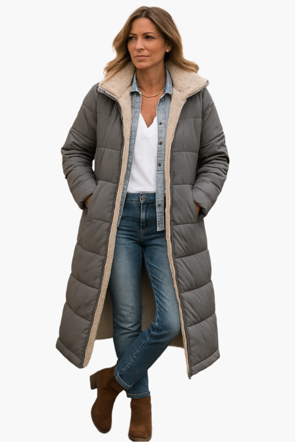 Women's quilted puffer coat fleece lined long relaxed fit warm winter outerwear