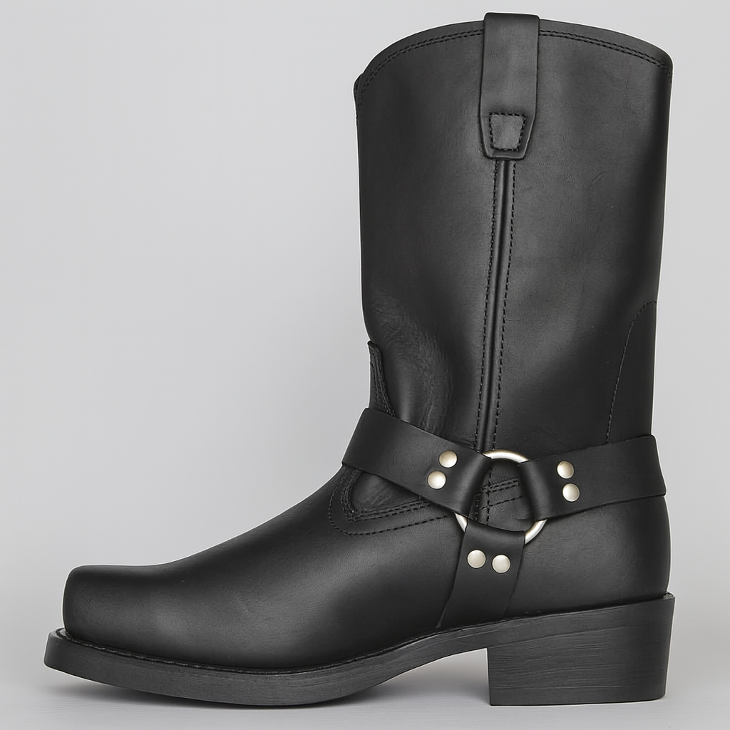 Women's brown leather cowboy boots with Western buckle detail, winter-ready ankle silhouette