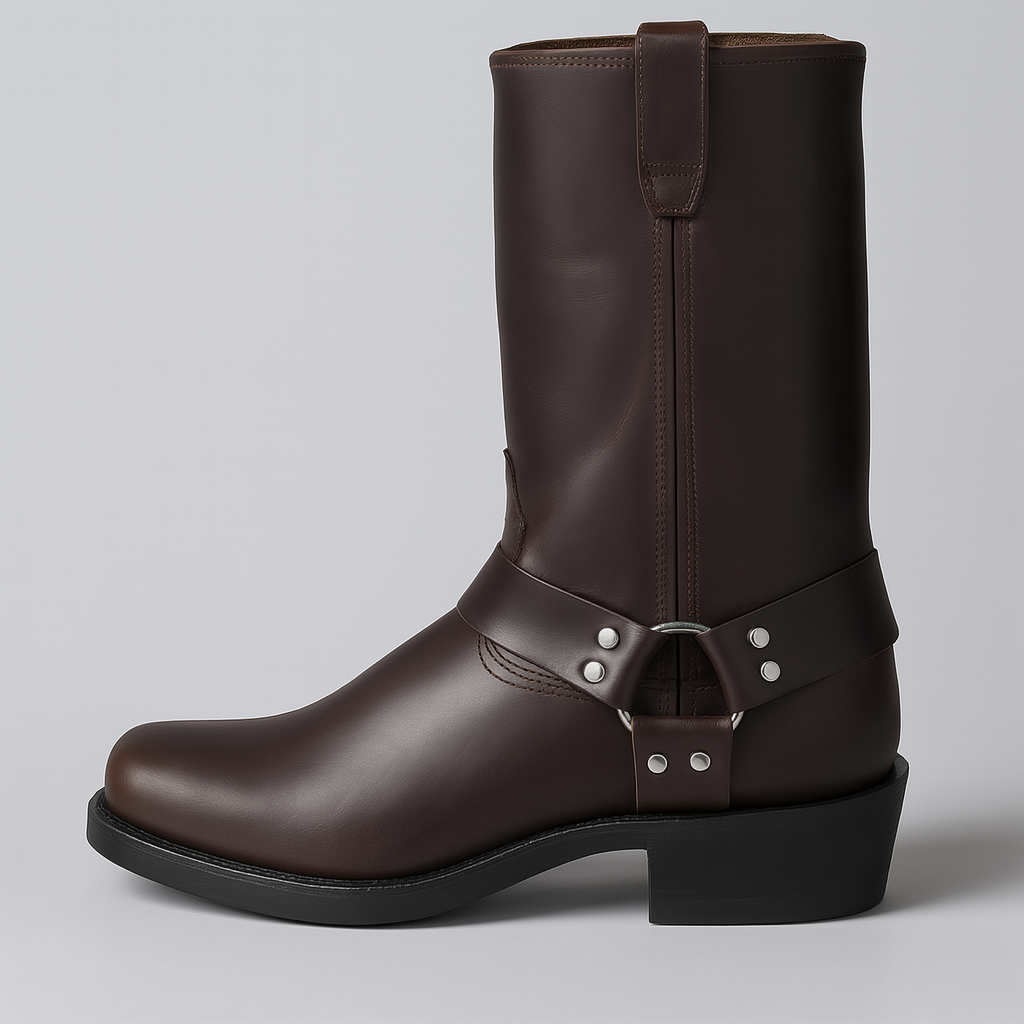 Women's brown leather cowboy boots with buckle detail, winter-ready western style mid-calf cut