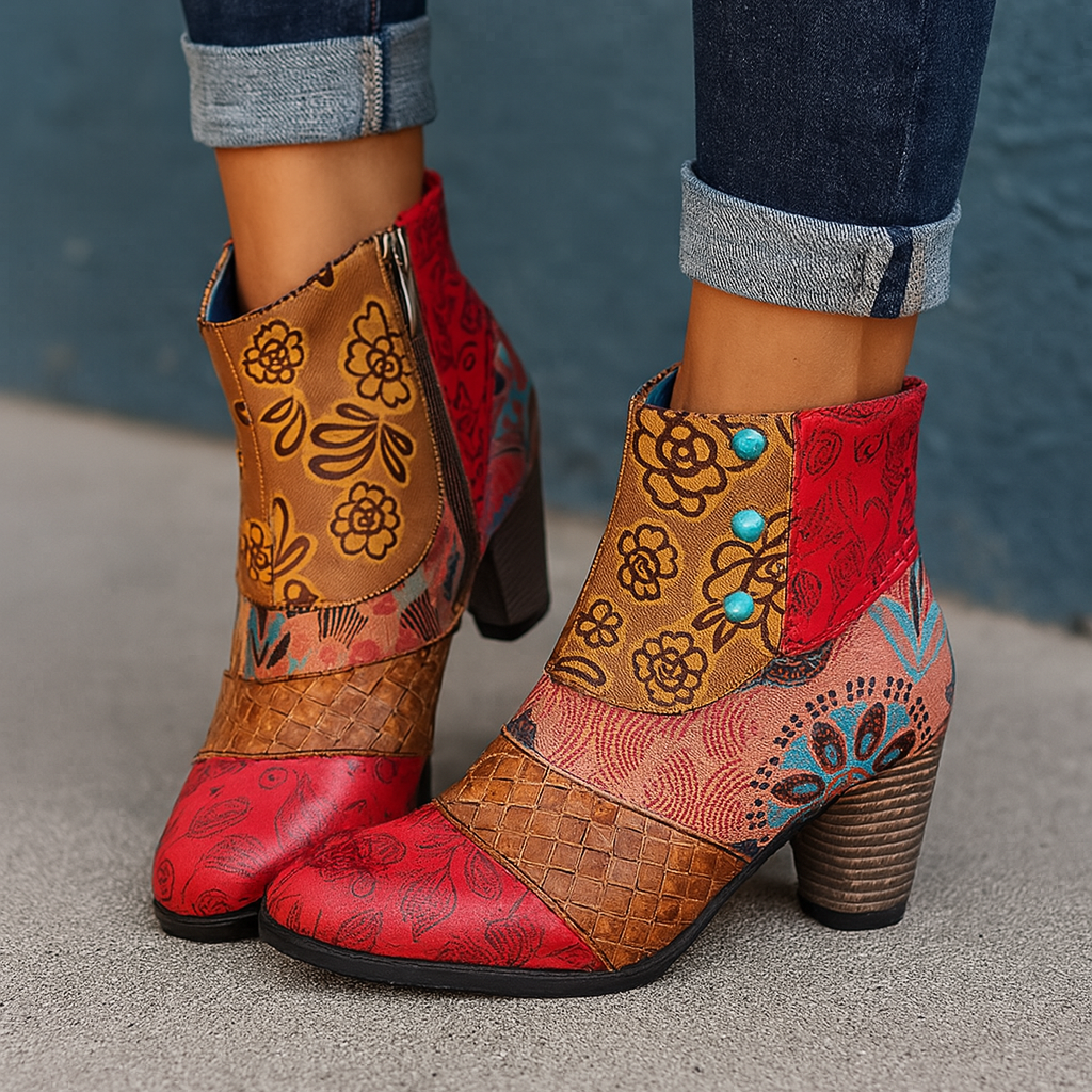 Women's floral patchwork heeled boots with vibrant multi-toned panels and mid-height block heel