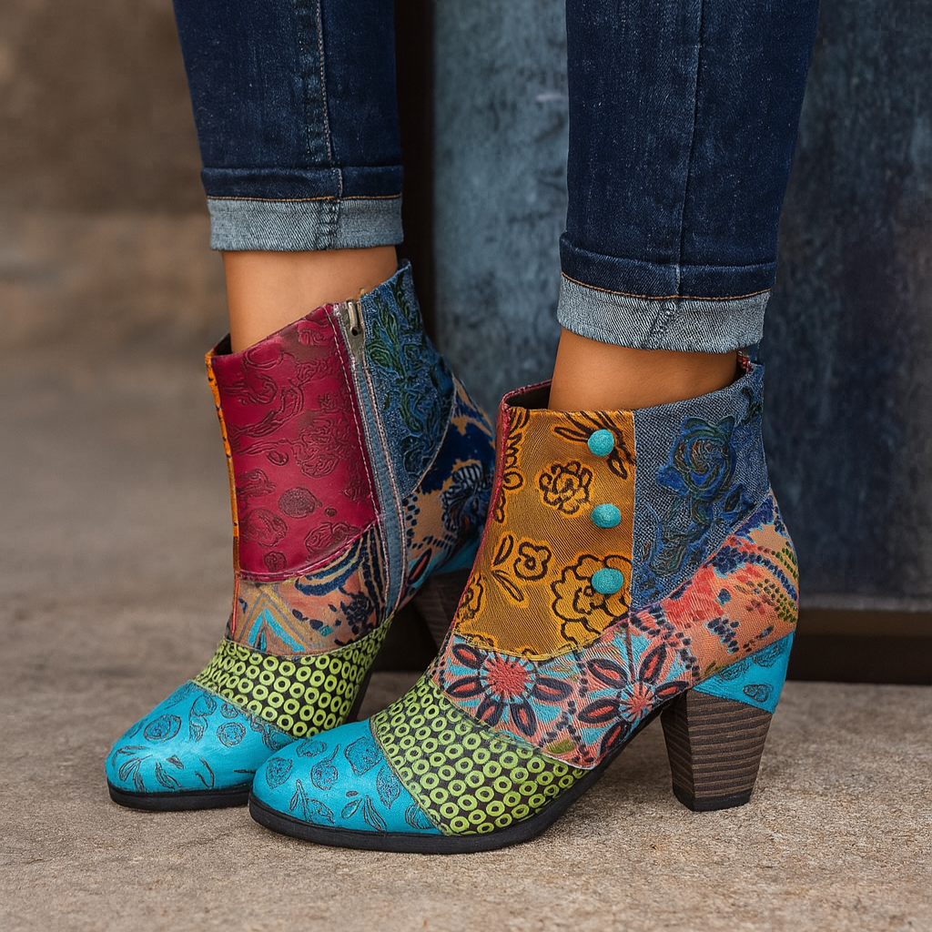 Women's floral patchwork heeled boots with vibrant multi-toned panels and mid-height block heel