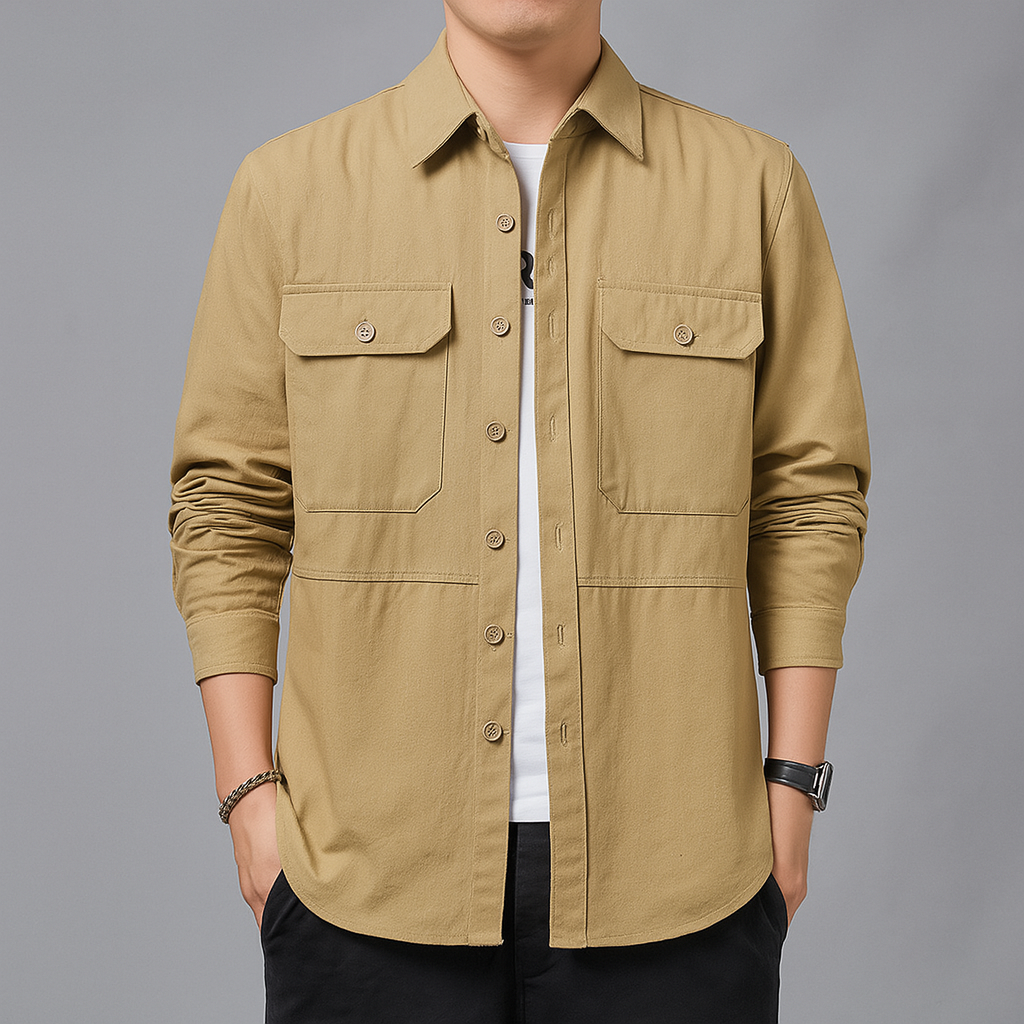Takao beige utility overshirt in slim-regular fit with dual chest pockets and paneled seams