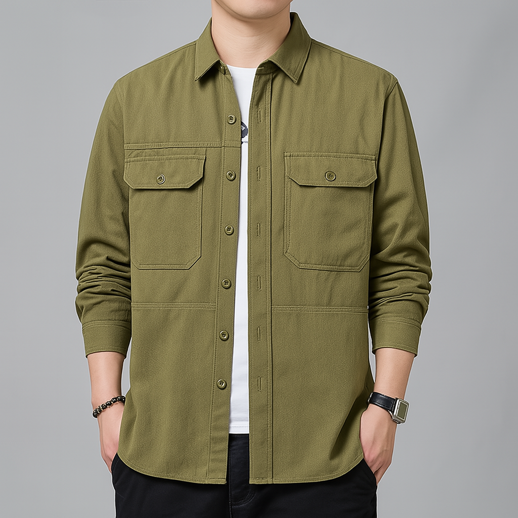 Takao beige utility overshirt slim-regular fit textured cotton blend with dual chest pockets